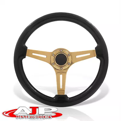 Deep Dish 6-Bolt Black Wood Gold Steel Steering Wheel + Horn Universal 350mm 14  • $52.99