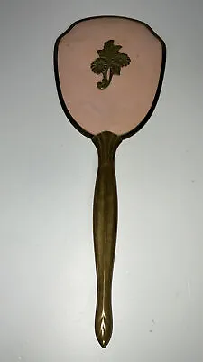 13” Vintage Vanity Hand Mirror Brass / Gold-tone With Pink Back With Floral • $32.99