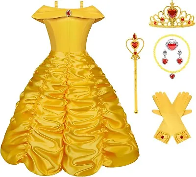 Princess Belle Dress Set Girl Party Costume Fancy Outfit Crown Wand Gloves UK • £12.99