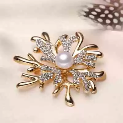 Natural Pearl 2.5Ct Round Cut Flower Vintage Brooch Pin 14K Yellow Gold Plated • $164.99