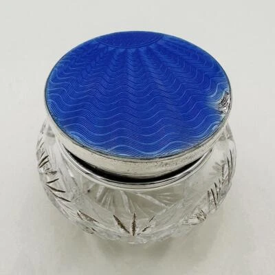 £50 • Buy DRESSING TABLE JAR STERLING SILVER GUILLOCHE ENAMEL TOP Birmingham 1930