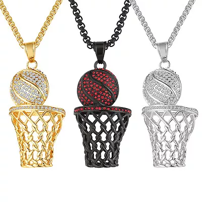 Mens Punk Sports CZ Basketball Pendant Necklace Stainless Steel Hip Hop Jewelry • $11.99