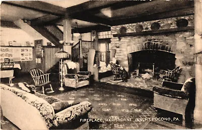 Rocking Chairs Fireplace Hawthorne Inn Mt. Pocono PA Postcard Unposted • $4.39