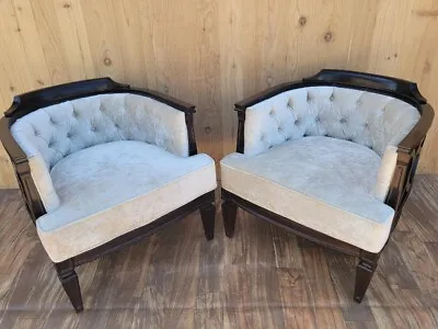 Vintage Modern Geometric Barrel Back Tufted Club Chairs Newly Upholstered Pair • $4500