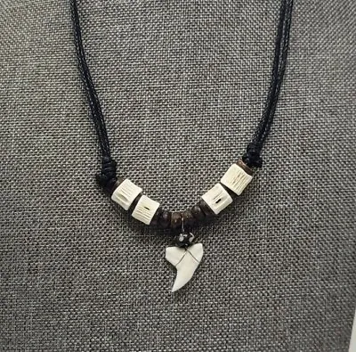 Fossil Shark Tooth Pendant Surfer Necklace For Men | Wood Beads • $15.95