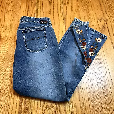 Vintage Y2K Mudd Women's Jeans Floral Embroidered Flared Leg 34x29 Light Wash • $40