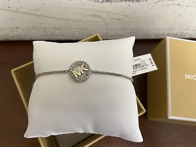 Nwt Michael Kors Silver-tone Brass Crystal Pave Logo Slider Bracelet Msrp $85.00 • $40