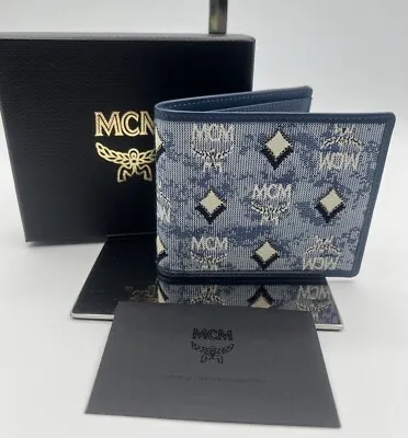 NEW MCM Men's Blue Denim Jacquard Leather Bifold Wallet FREE Shipping • $244.99
