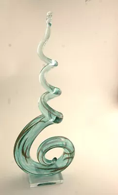 Murano Art Glass Sculpture Clear With Green And Copper Inclusion Swirls 14  • $59.50