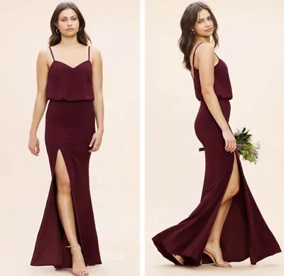 Dress The Population Gracelyn Blouson Jersey Maxi Gown Thigh High Slit Burgundy • $228