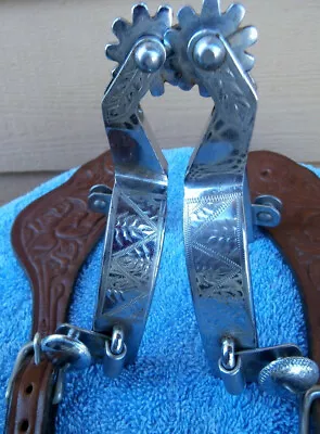 Crockett Renalde Etched Band Horse Spurs Vintage Tooled Leather Spur Straps • $175