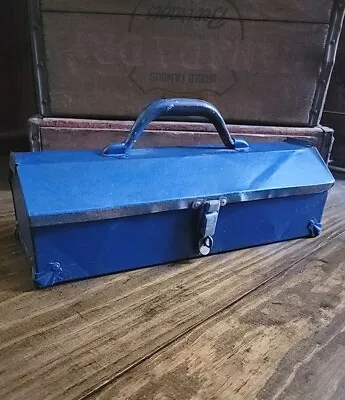 Vintage Metal Tool Box Case Chest Blue Handle Hinged Lockable Farmhouse Cottage • $22