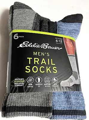 Eddie Bauer Men’s Trail Crew Socks 6 Pairs Odor Control Arch Support Size 6-12 • $19.50
