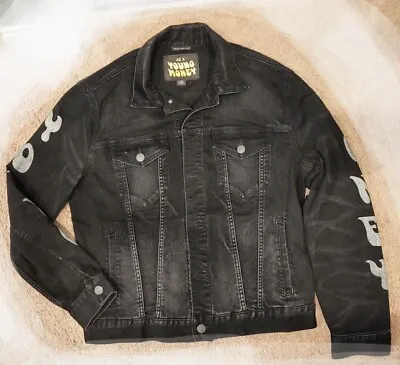 AMERICAN EAGLE YOUNG MONEY Black Distressed Denim Jacket Men’s Sz Large • $23