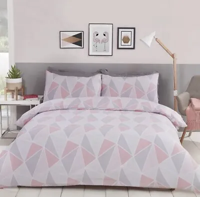 LEO Geo Design King Size Pretty Pink/Grey Duvet Bed Set.  Brand New • £21