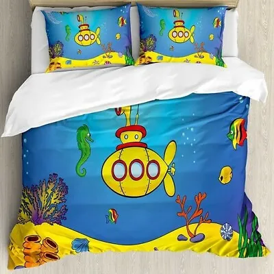 Yellow Submarine Duvet Cover Set With Pillow Shams Nautical Kids Print • £48.19