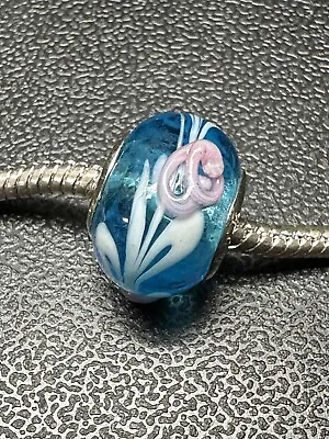 Authentic 925 Sterling Silver Glass Murano Charm Bead Translucent Blue White • $6