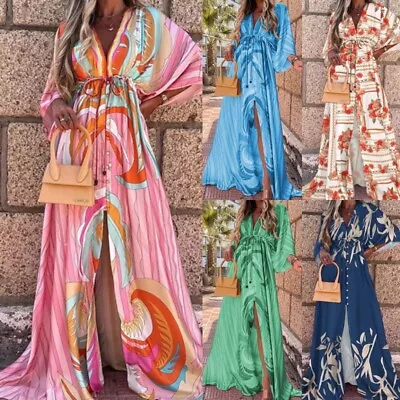 Ladies Maxi Dresses V Neck Long Dress Women Kaftan 3/4 Sleeve Party Coverup Sexy • $38.78