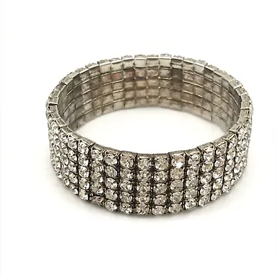 Vintage Silver Tone Clear Rhinestone Five Row Stretch Style Glam Bracelet 6  • $34.99