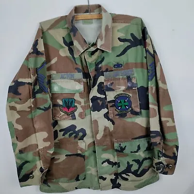 Vintage US Air Force Combat Jacket Medium Green With Patches Camouflage Woodland • $14.98