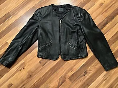 Lizwear Vintage Collarless Black Leather Jacket • $35