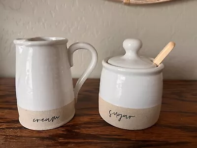 Mud Pie Farmstead Stoneware Pottery Creamer Sugar Bowl With Lid Wooden Spoon Set • $20