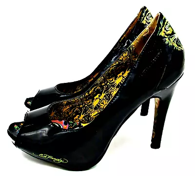 ED HARDY Black Patent Leather Graphic Tiger Peep Toe Floral High Heel Size 5 • $49.99