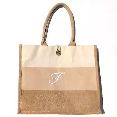 Large Burlap Tote Bag Monogram Letter T Personalized Tan Stripe Beach Rustic • $10.39