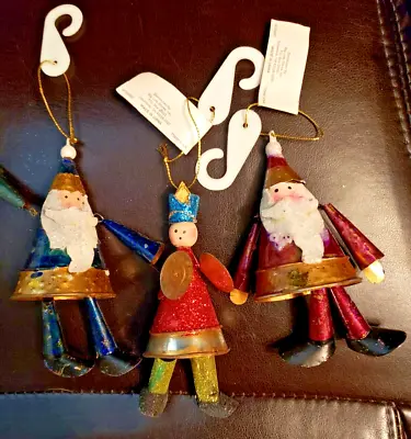 New Old Stock Three Tin Christmas Ornaments Blue & Red Santa 1 In Band Symbols • $11.95