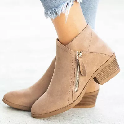 Women Ankle Boots Fashion Zip Up Gift Beige Walking Low Heeled Casual Knee High • $35.44