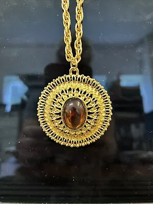 $16 • Buy Vintage Large Round FauxGold Pendant & Amber Tone Glass Cabochon 70's Jewelry