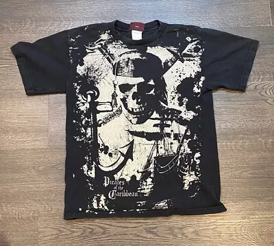 Vintage Pirates Of The Caribbean All Over Print T Shirt Skull Disney Youth L Y2K • $30