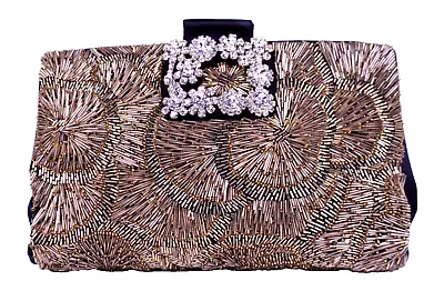 ROGER VIVIER Gold Beaded Crystal Buckle FLOWER STRASS Clutch Evening Bag • $498