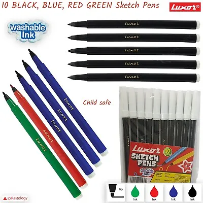 LUXOR Washable Felt Tip BLACK BLUE RED GREEN Water Colour Pens School Nursery • £3.99