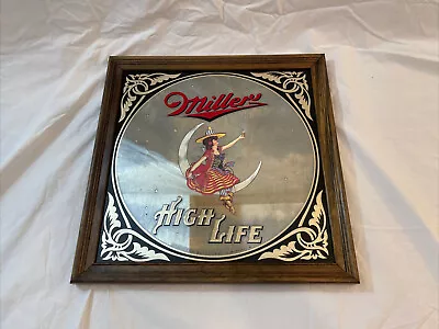 VINTAGE MILLER HIGH LIFE GIRL ON MOON FRAMED MIRROR 14” By 14” • $55