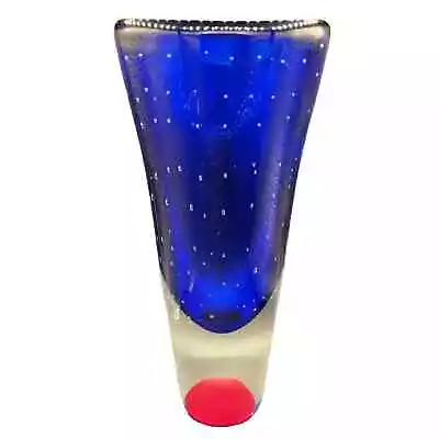 Heavy Blue Red And Clear Vase With Controlled Bubbles. Possible Kosta Boda • $128