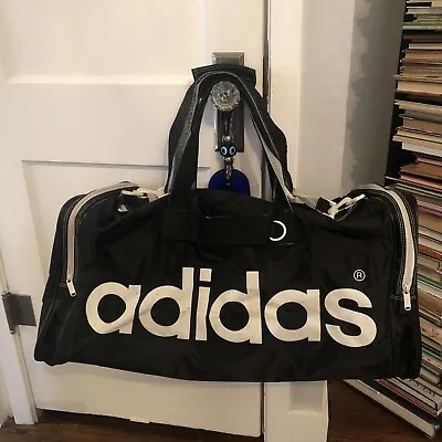 Vintage Adidas Duffle Bag Gym Travel Retro Spellout Black White 24x12x11 • $20