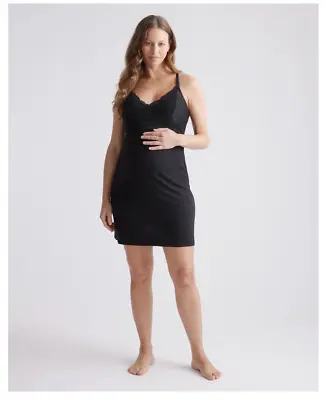 Quince Bamboo Jersey Maternity & Nursing Nightgown Lace Short Black V-Neck M • $37.95