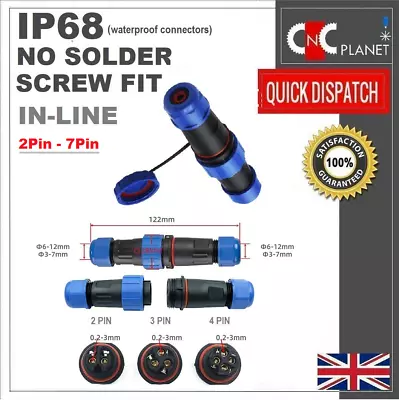 IP68 Waterproof Connector Inline Cable Aviation Plug 2 3 4 Pin 20mm Screw Fit UK • £14.95