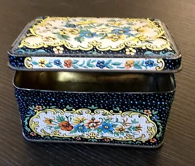 Sm Blue Floral Vtg Tin Trinket Box Stamped Container Made In England 4” X 3” • $7.50