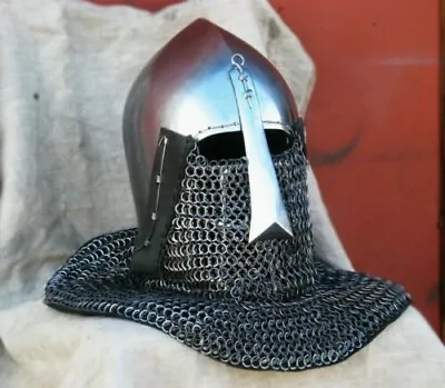 Viking Ancient Warrior Battle Helmet With Chainmail Curtain In Steel Finish. • $200