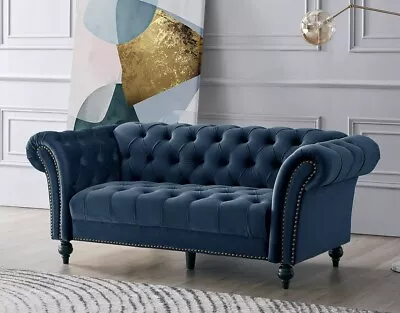 Midnight Blue 3 Seater Chesterfield Sofa Velvet Fabric Set Luxury Settee Studded • £349.99