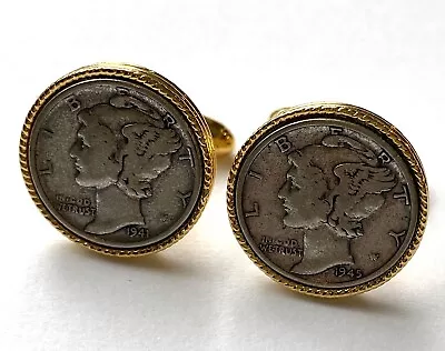 $34.99 • Buy Vintage Cufflinks, Genuine Mercury Dimes In Goldtone Setting, 1941 & 1945