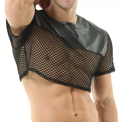 Mens Faux Leather Muscle Tank Top T-shirt Mesh Fishnet See-through Crop Vest Top • £9.95