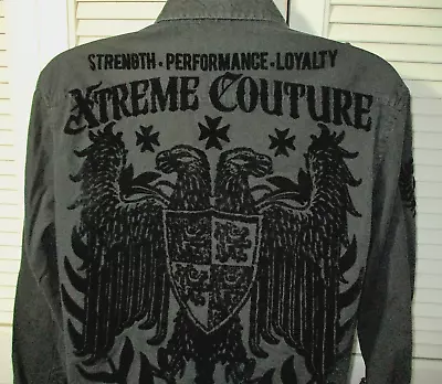XTREME COUTURE Button Up Shirt~Charcoal~Felt Graphics~Men's XL~Epaulets~Preowned • $13.99