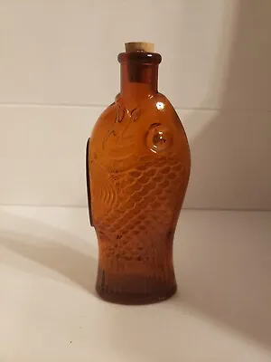 1925 Cod Liver Oil Glass Fish Bottle With Cork Top Amber Brown • $49.98