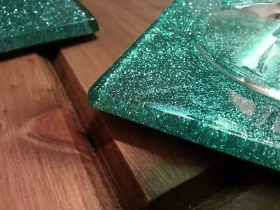 £14 • Buy Fused Glass Teal Glitter Coasters 100 X 100mm Sets Of 4 Or 6