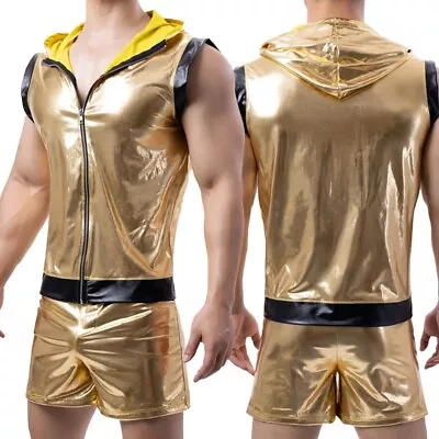 Sleek Gold Shiny Leather Shorts And Tank Tops Set For Men's Nightclub Attire • £27.67