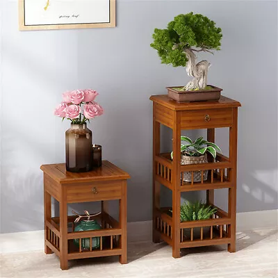 Bamboo Side End Table With Shelves 3-Tier Night Stand With Drawer And Plant Rack • $39.93