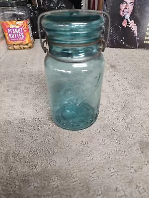 Bubbly Lg. VINTAGE BLUE GLASS ~ BALL SANITARY SURE SEAL CANNING JAR ~ Glass Lid • $5